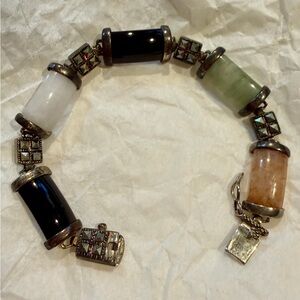 Vintage Silver 5 Lucky Wishes multi color Jadeite Stone Bracelet 925